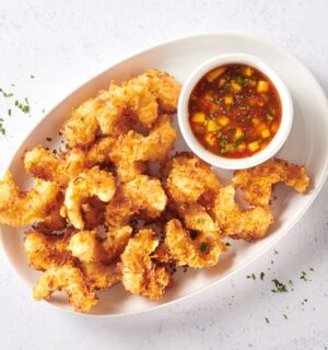 Photo shows a plate of vegan shrimp from Bayou Best Foods