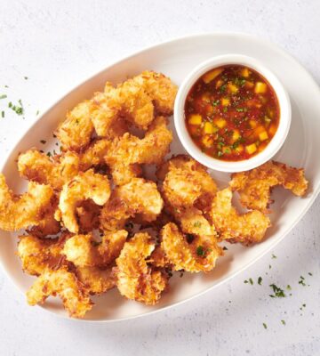 Photo shows a plate of vegan shrimp from Bayou Best Foods