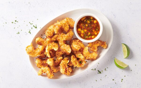 Photo shows a plate of vegan shrimp from Bayou Best Foods