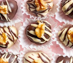 heart-shaped chocolate truffles for a sweet vegan Valentine's Day with walnut and bran filling
