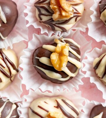 heart-shaped chocolate truffles for a sweet vegan Valentine's Day with walnut and bran filling