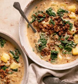 vegan zuppa Toscana soup with potatoes, kale, nutritional yeast, and vegan beef to continue Veganuary