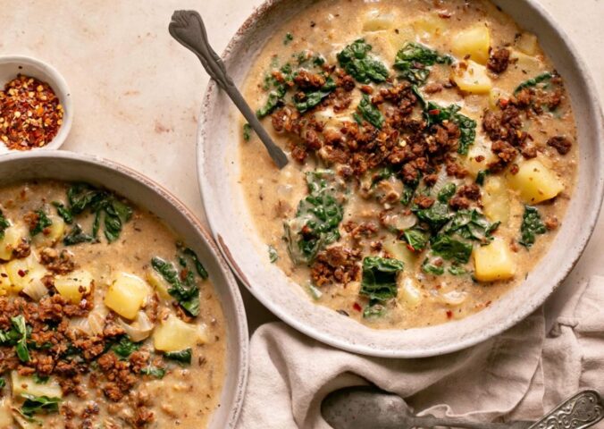 vegan zuppa Toscana soup with potatoes, kale, nutritional yeast, and vegan beef to continue Veganuary