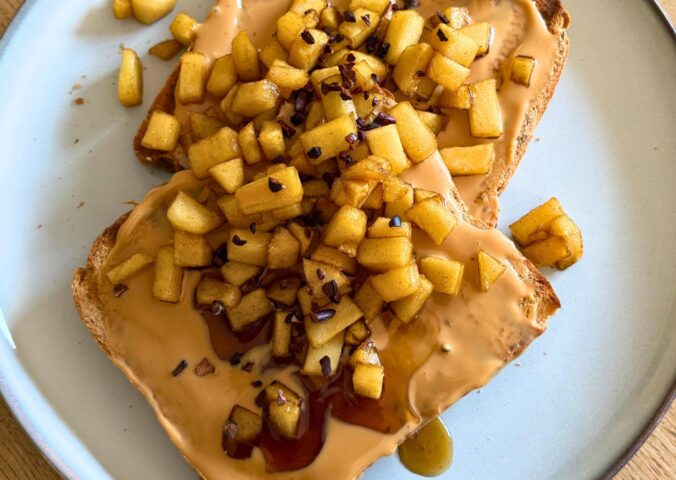zero waste caramelized apple toast with peanut butter