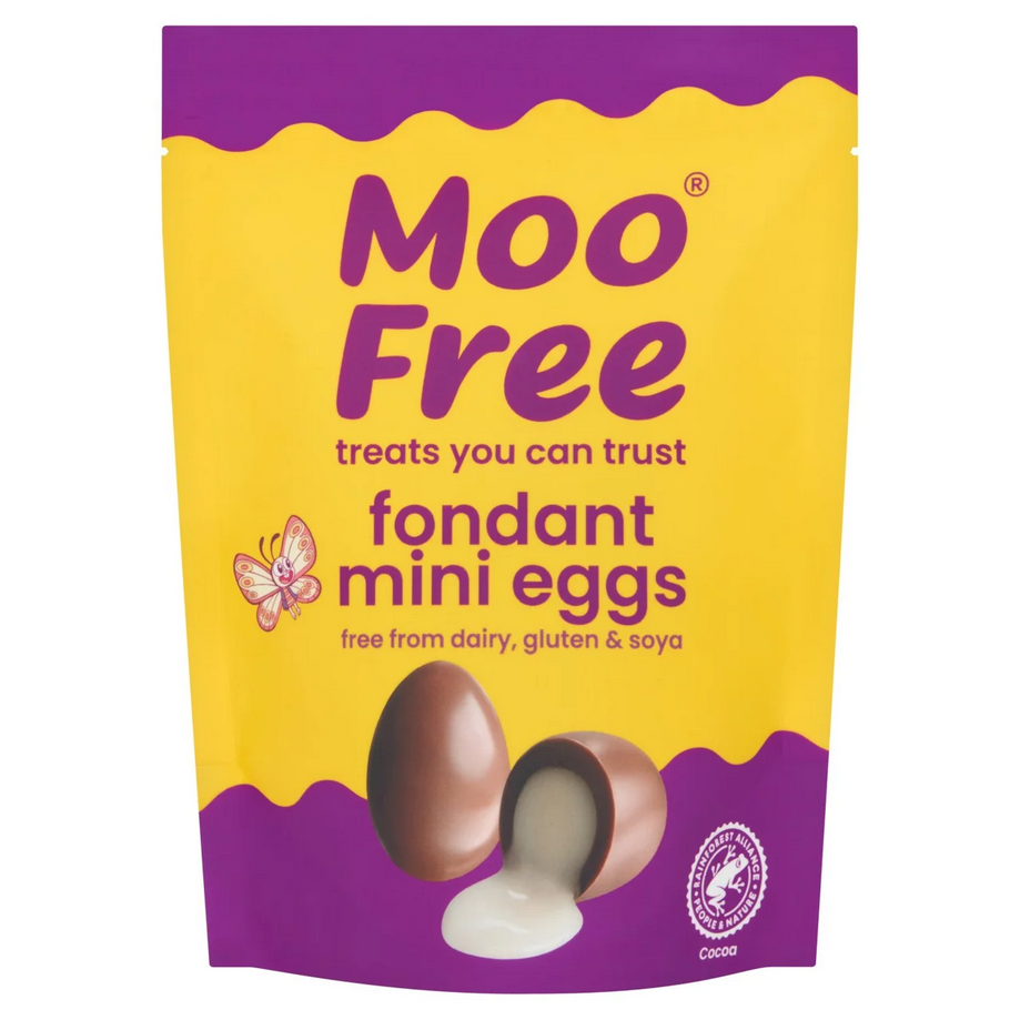 Photo shows Moo Free's fondant-filled "mini eggs." Photo shows the Moo Free Rocky Road Egg. Photo shows a pack of Asda's sprinkle-coated mini eggs. Photo shows a three-pack box of the Mummy Meegz Chuckie Eggs. Photo shows Asda's "exceptional" free from dark chocolate and raspberry egg. Photo shows the Moo Free chocolate "egg hunt kit." Photo shows the Tesco Finest Salted Caramel Mini Eggs. Photo shows the NoMo "Ultimate Egg." These are the best vegan Easter eggs of 2026 so far.