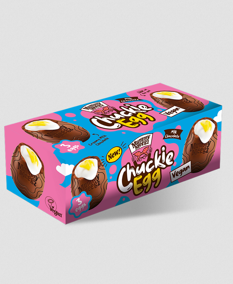 Photo shows a three-pack box of the Mummy Meegz Chuckie Eggs. Photo shows Asda's "exceptional" free from dark chocolate and raspberry egg. Photo shows the Moo Free chocolate "egg hunt kit." Photo shows the Tesco Finest Salted Caramel Mini Eggs. Photo shows the NoMo "Ultimate Egg." These are the best vegan Easter eggs of 2026 so far.