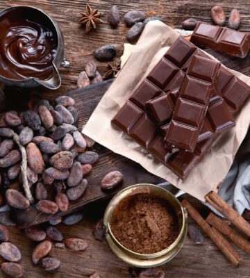 Cacao beans, powder, cacao butter, chocolate bar and chocolate sauce to illustrate the health benefits of chocolate