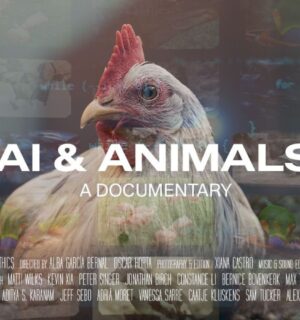 Shows the poster for the new documentary film 'Animals & AI' which explores how the technology could positively or negatively affect animal farming