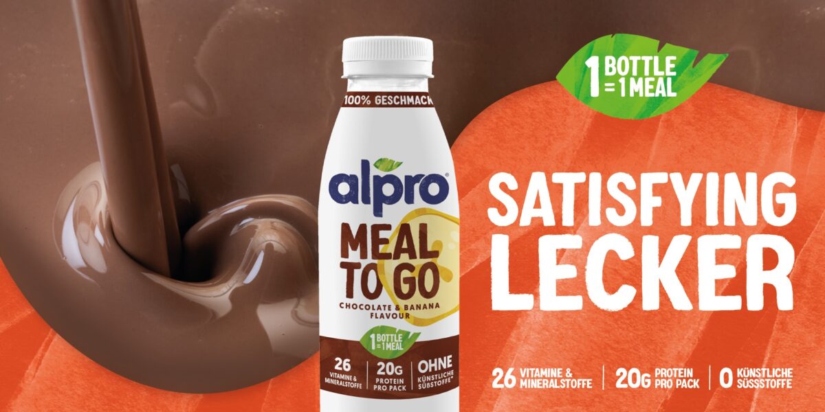 Photo shows a new German advert for the vegan "Alpro Meal To Go" meal replacement drinks