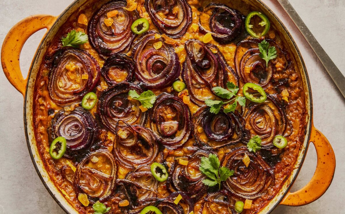 baked apricot dal with lentils, tomatoes, coconut milk, and red onions