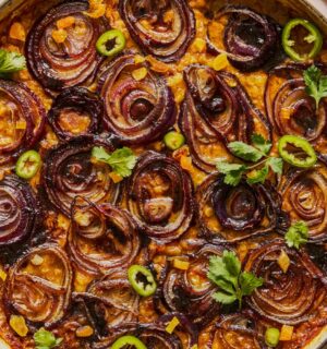 baked apricot dal with lentils, tomatoes, coconut milk, and red onions