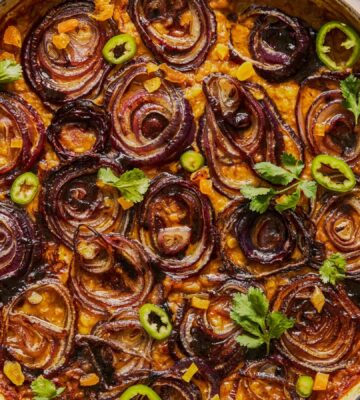 baked apricot dal with lentils, tomatoes, coconut milk, and red onions