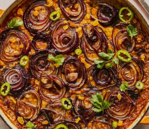 baked apricot dal with lentils, tomatoes, coconut milk, and red onions