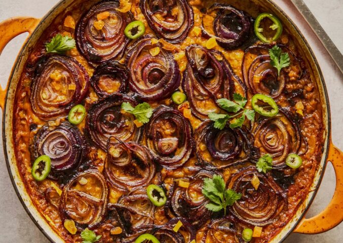 baked apricot dal with lentils, tomatoes, coconut milk, and red onions