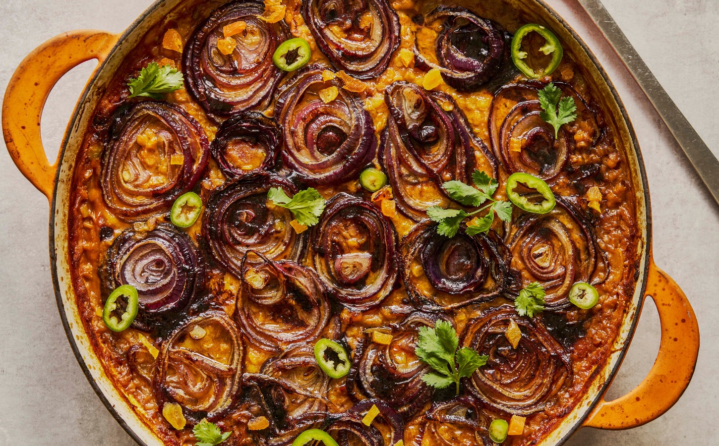 baked apricot dal with lentils, tomatoes, coconut milk, and red onions