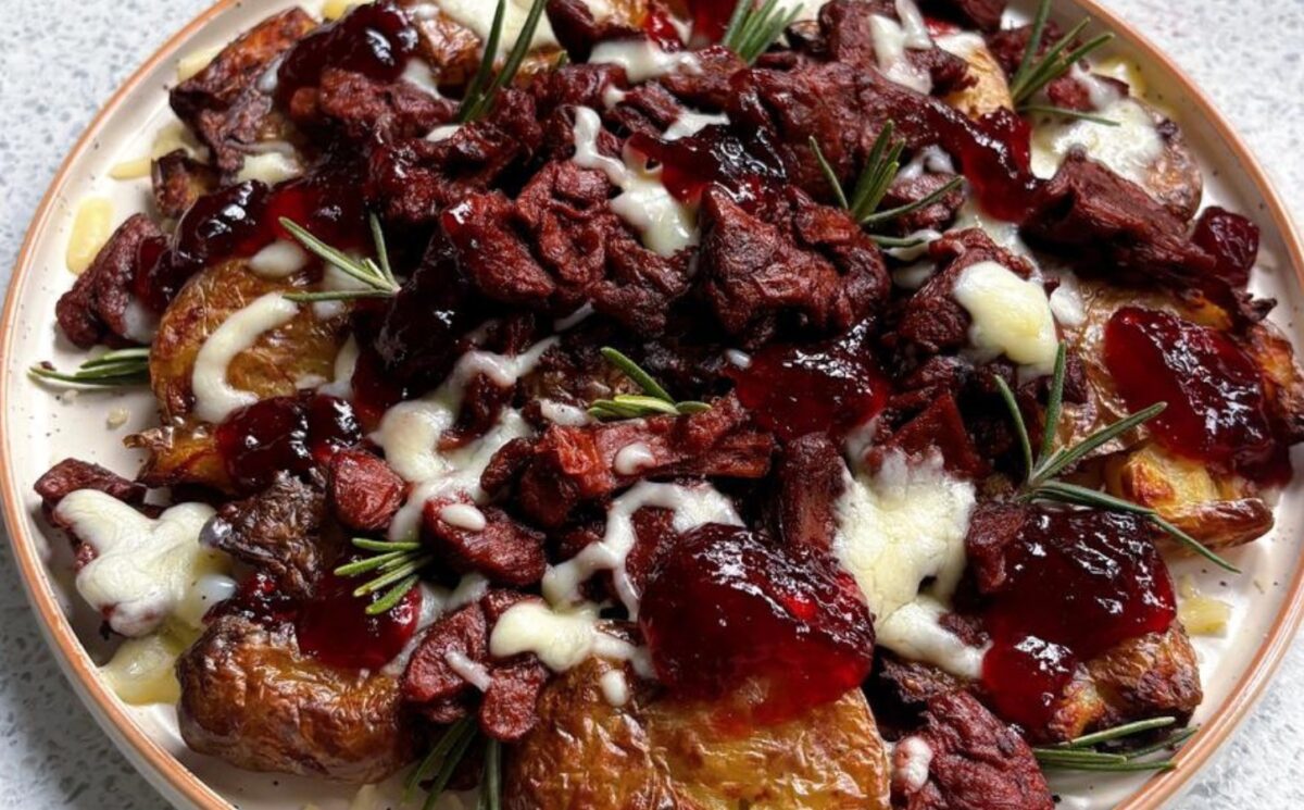 beyond steak loaded smashed potatoes with cranberry sauce and cheese for high-protein recipes for winter