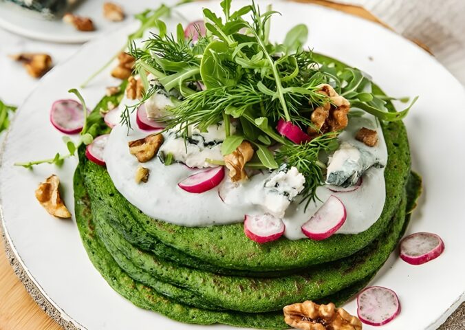 vegan blue cheese and spinach cream pancakes