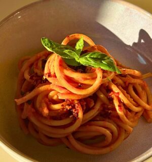 chili crisp and red miso vodka marinara sauce with pasta