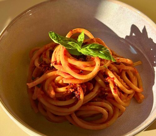 chili crisp and red miso vodka marinara sauce with pasta