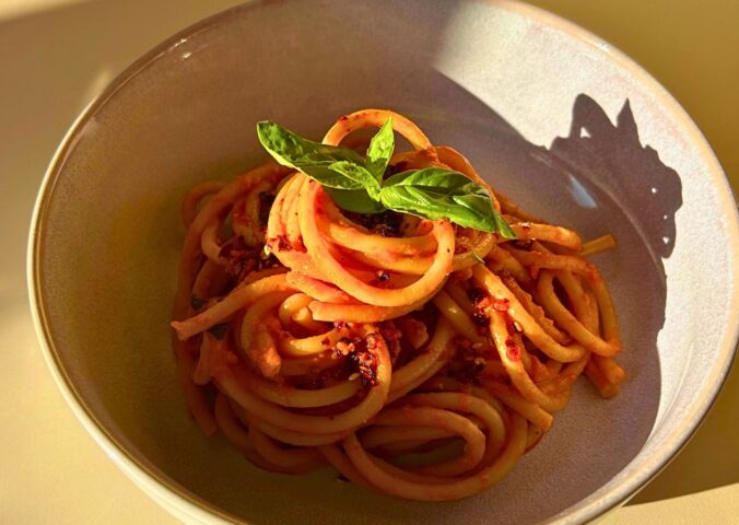 chili crisp and red miso vodka marinara sauce with pasta