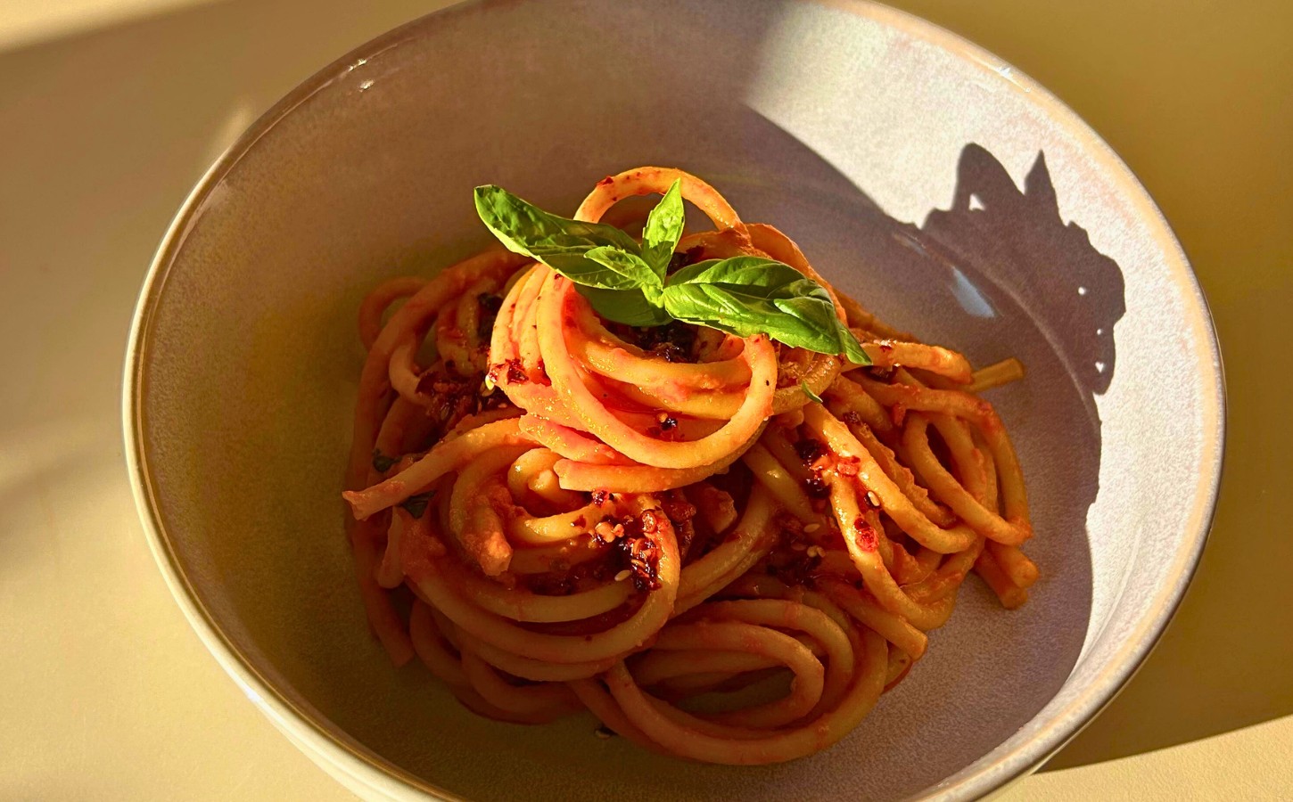 chili crisp and red miso vodka marinara sauce with pasta