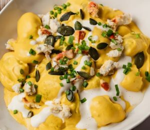 cream of pumpkin gnocchi with vegan cheese and pumpkin seeds