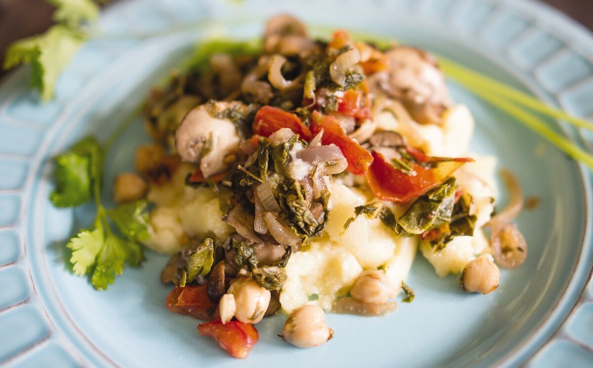 creamy polenta with mushrooms, kale, and chickpeas for high-protein recipes for winter
