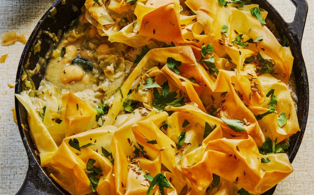 creamy leek butter bean filo pie with coconut milk and herbs