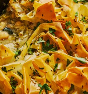 creamy leek butter bean filo pie with coconut milk and herbs