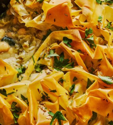 creamy leek butter bean filo pie with coconut milk and herbs