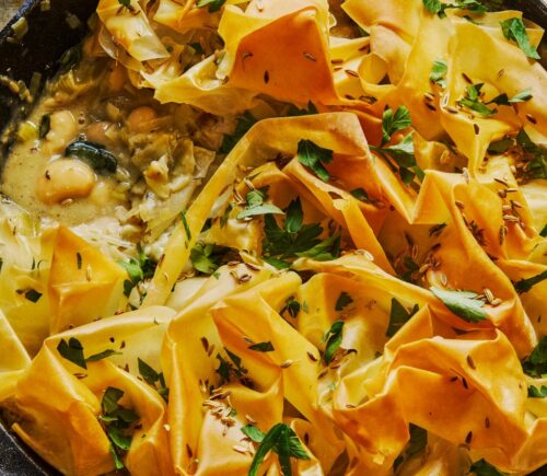 creamy leek butter bean filo pie with coconut milk and herbs