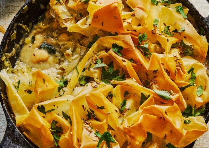 creamy leek butter bean filo pie with coconut milk and herbs
