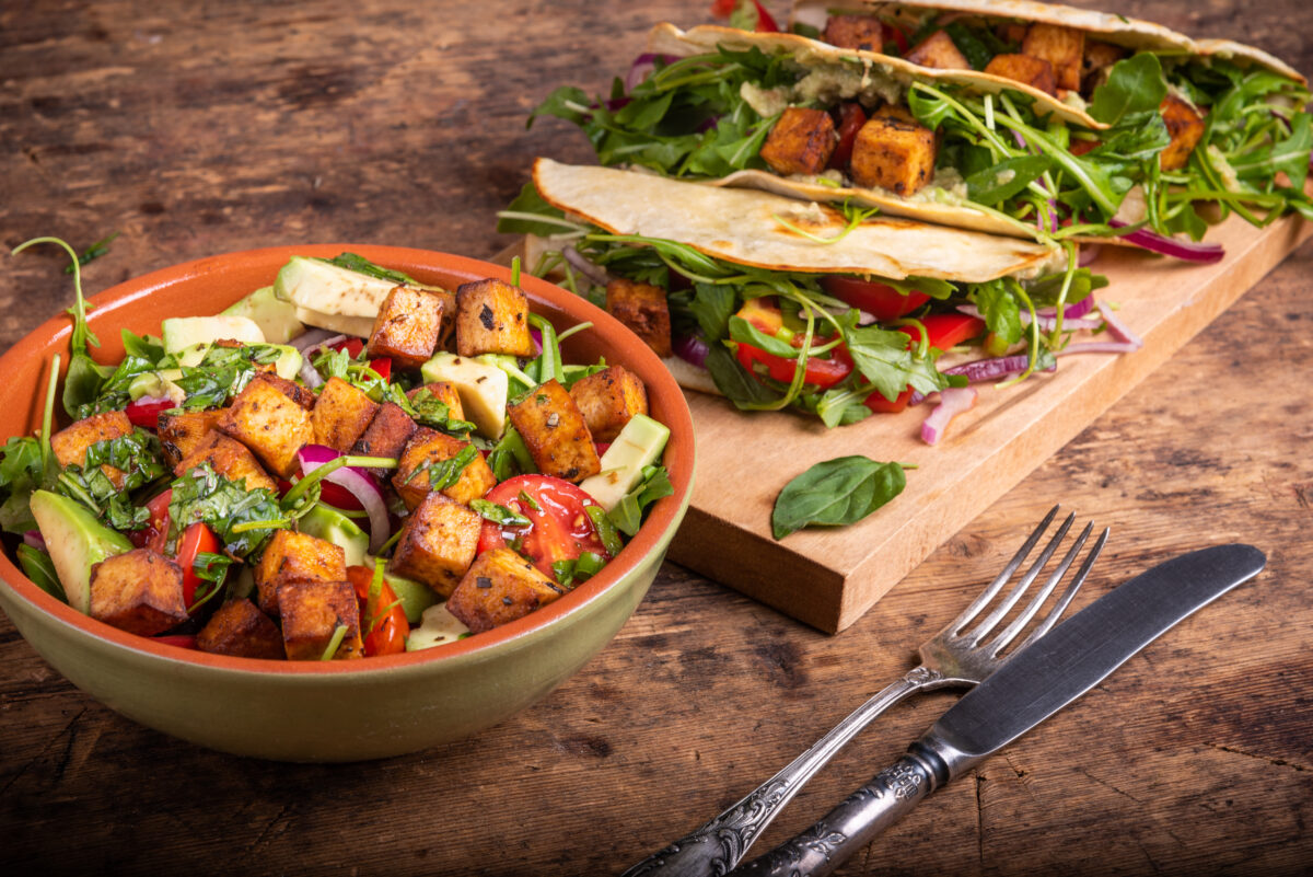 Photo shows a dish made with fried tofu
