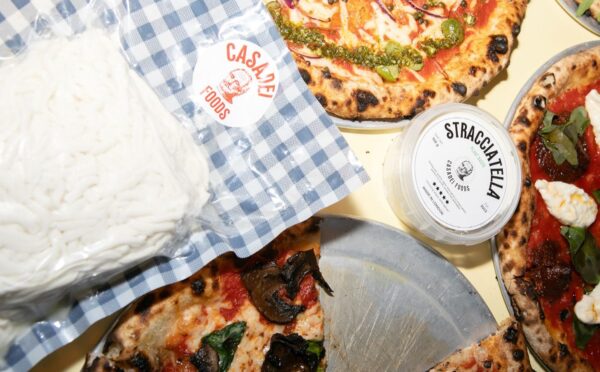 Photo shows Casadei's Stracciatella in a large block, in a tub, and on top of a selection of fresh vegan pizzas. The UK's Everyman Cinemas has added Casadei Foods' vegan Stracciatella to the pizza menu nationwide