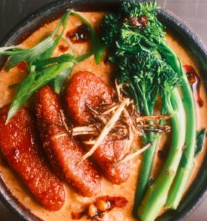 Korean-Style Glazed Beyond Tenders With Coconut Broth and sticky rice