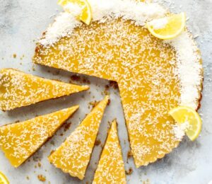 a gluten-free lemon tart with coconut milk and flakes made with kuzu
