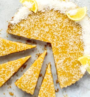 a gluten-free lemon tart with coconut milk and flakes made with kuzu