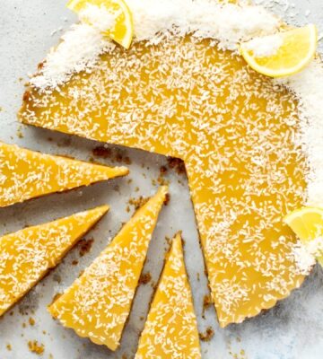 a gluten-free lemon tart with coconut milk and flakes made with kuzu