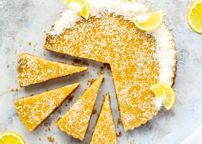 a gluten-free lemon tart with coconut milk and flakes made with kuzu