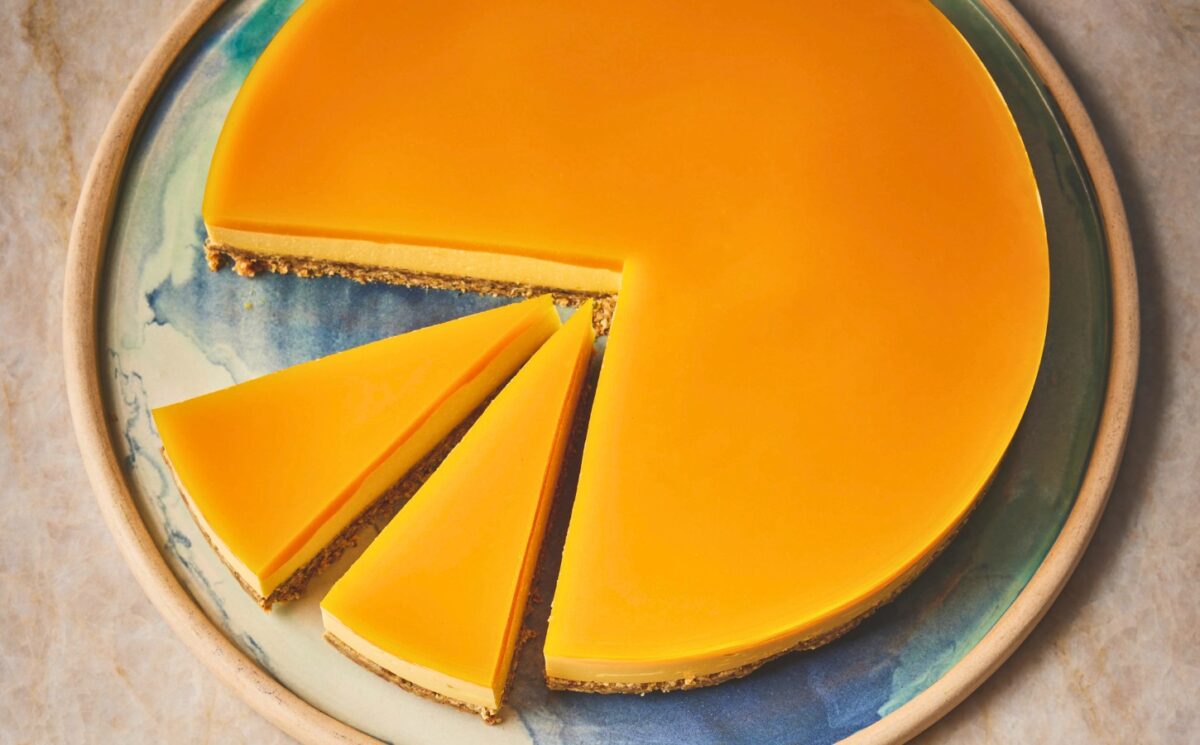 mango and cashew cheesecake with ginger biscuits, tofu, dates, and maple syrup