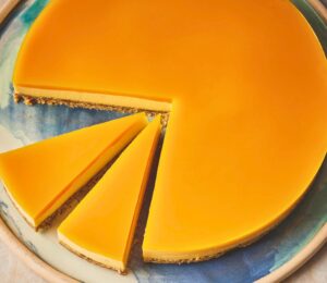 mango and cashew cheesecake with ginger biscuits, tofu, dates, and maple syrup