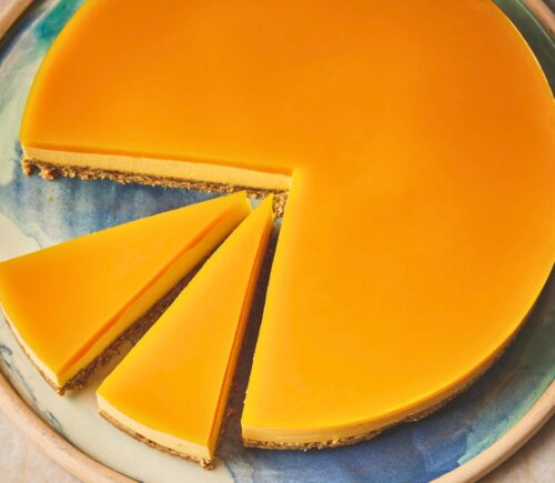 mango and cashew cheesecake with ginger biscuits, tofu, dates, and maple syrup