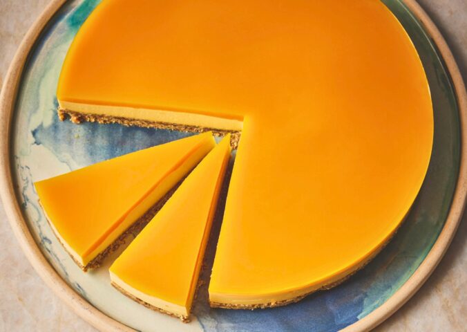 mango and cashew cheesecake with ginger biscuits, tofu, dates, and maple syrup