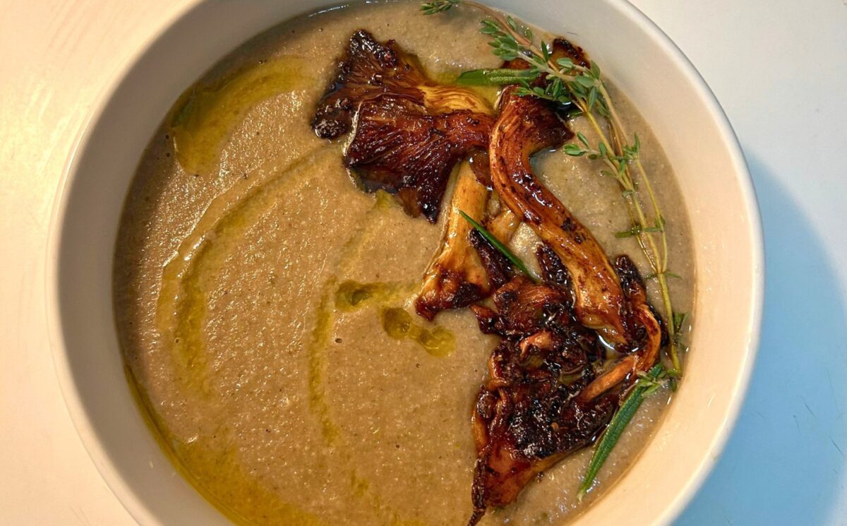 mushroom parsnip soup with vegan butter, garlic, and lemon
