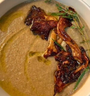 mushroom parsnip soup with vegan butter, garlic, and lemon
