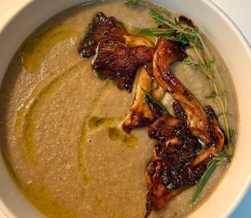 mushroom parsnip soup with vegan butter, garlic, and lemon