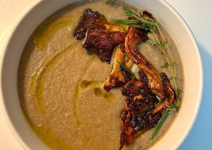 mushroom parsnip soup with vegan butter, garlic, and lemon