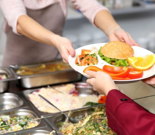 Photo shows a cafeteria worker handing a school child a tray of vegetarian food, including a burger and vegetables. A US Senator has just sponsored the Plant-Powered School Meals Pilot Act.