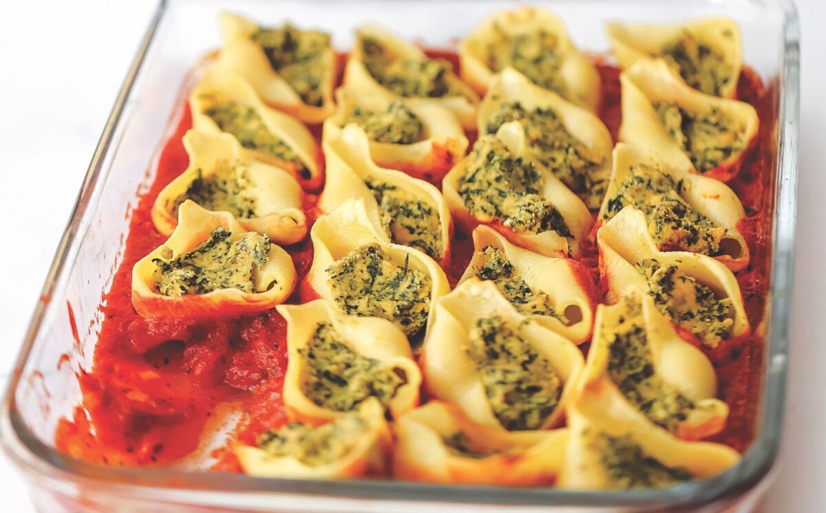 jumbo ricotta and spinach stuffed shells with tofu ricotta, onion, basil, olive oil, and vegan parm for recipes that aren't bowls or salads