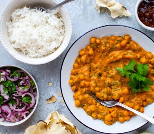 roasted red pepper and chickpea korma with pumpkin and coconut milk
